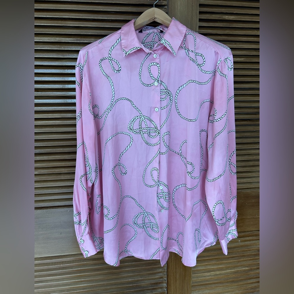 Zara pink status rope print button-down satiny shirt